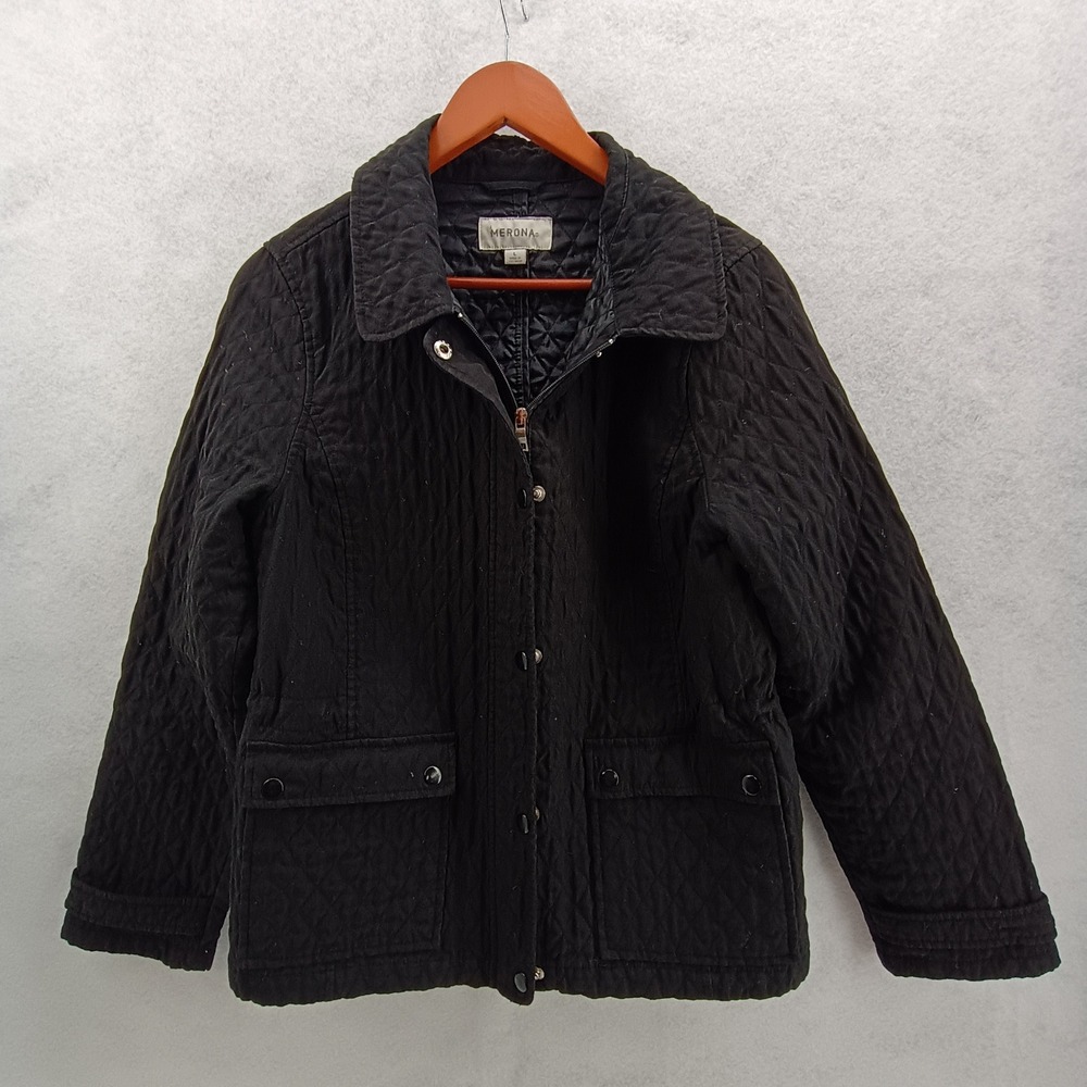 Merona Quilted Jacket Womens L Black Zipper Snap Adjustable Waist Casual Warm